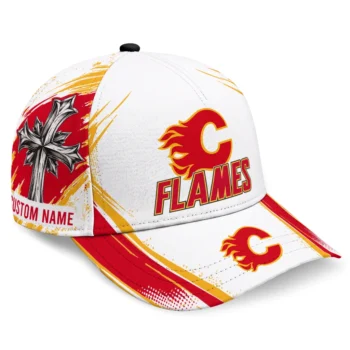 Calgary Flames Cap - Personalized Grunge Cross Red White