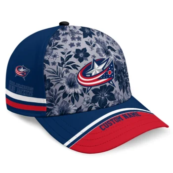 Columbus Blue Jackets Cap - Customized Tropical Floral Navy Blue