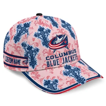 Columbus Blue Jackets Cap - Personalized Damask Pattern Navy Blue White