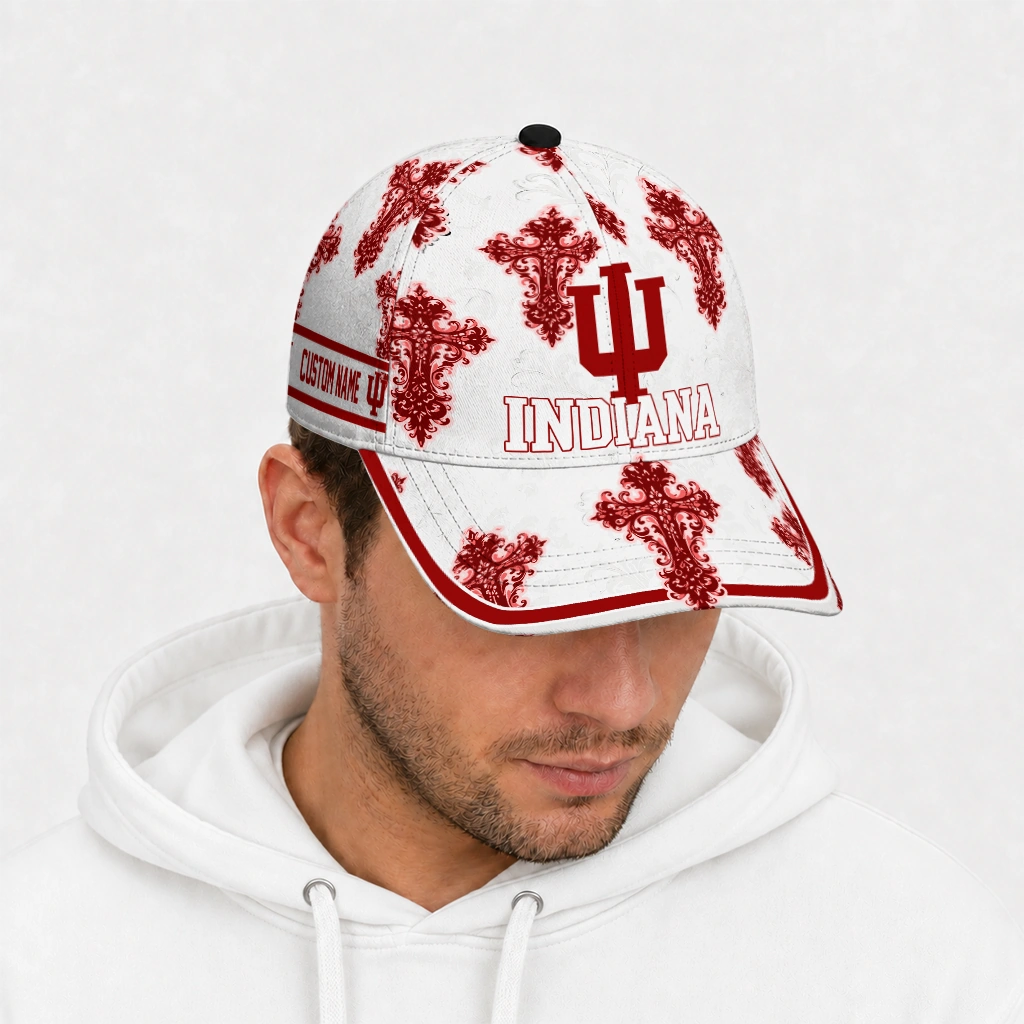indiana-hoosiers-cap-personalized-damask-pattern-red-white-new-arrival.webp