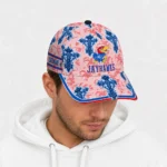kansas-jayhawks-cap-personalized-damask-pattern-blue-white-best-selling.webp
