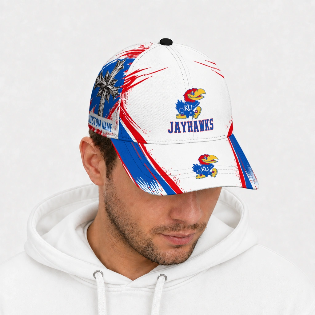 kansas-jayhawks-cap-personalized-grunge-cross-blue-white-new-arrival.webp