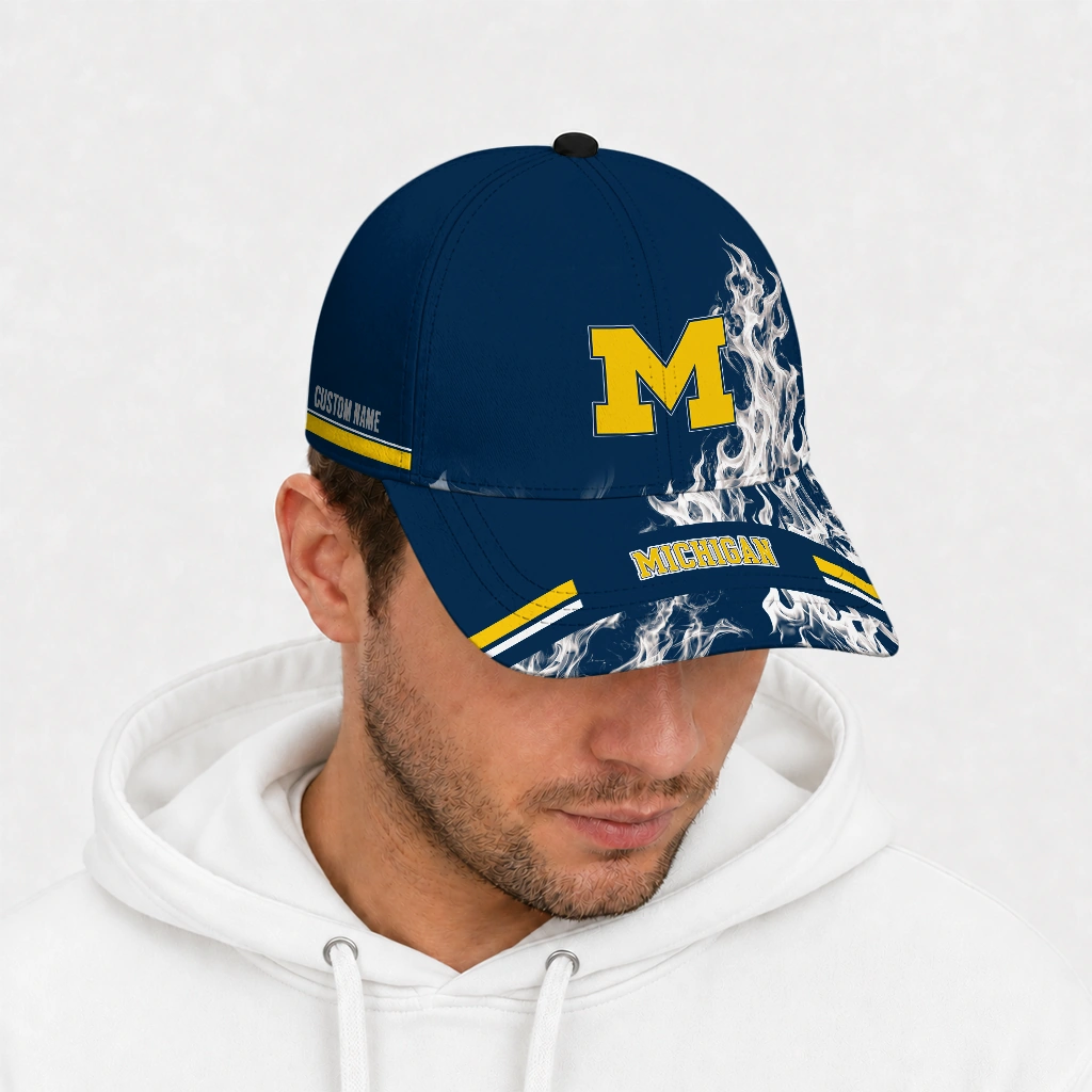 michigan-wolverines-cap-custom-smoke-flames-blue-new-arrival.webp
