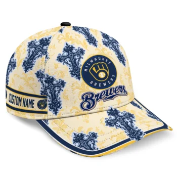 Milwaukee Brewers Cap - Customized Damask Pattern Navy Blue White