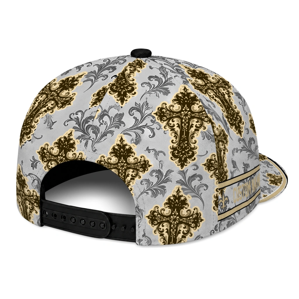 new-orleans-saints-cap-personalized-damask-pattern-gold-white-fashion-forward.webp