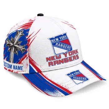 New York Rangers Cap - Personalized Grunge Cross Blue White