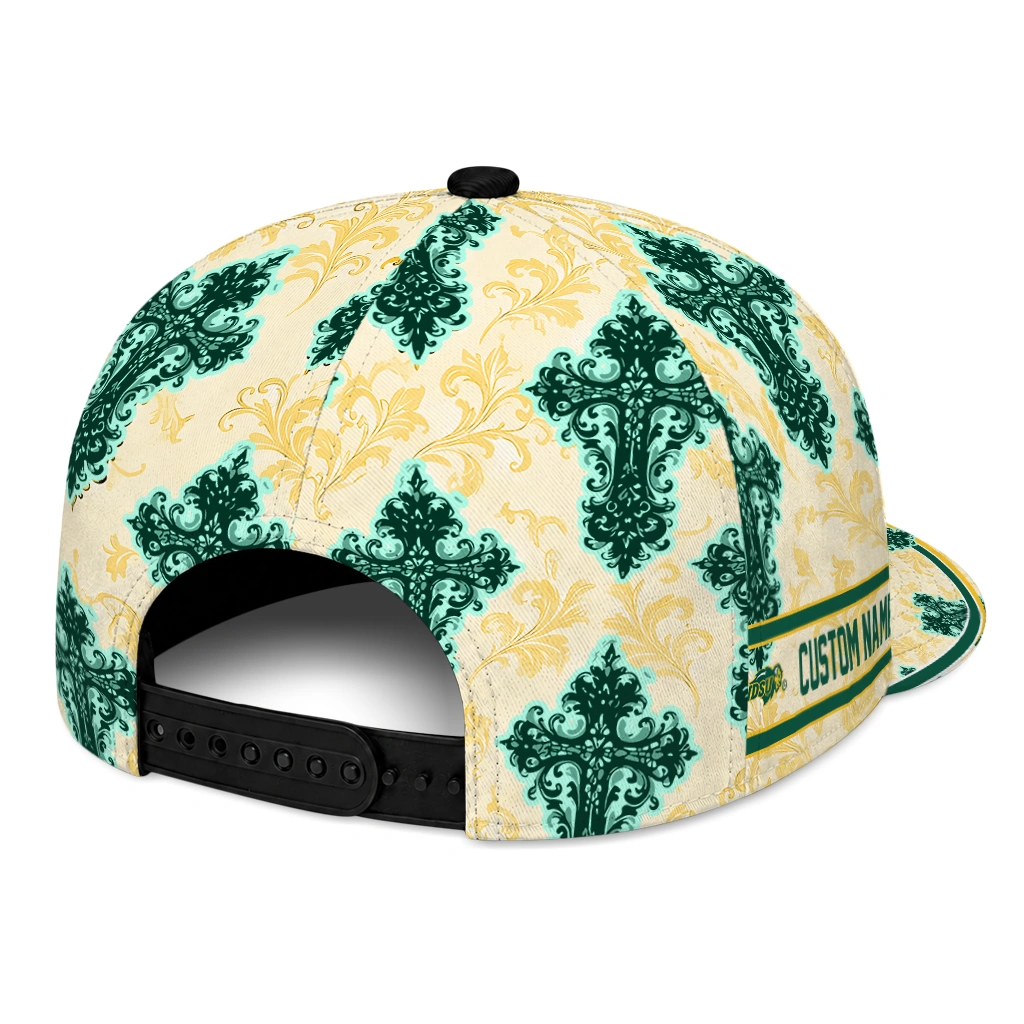 north-dakota-state-bison-cap-personalized-damask-pattern-green-white-fashion-forward.webp