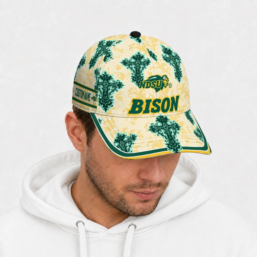 north-dakota-state-bison-cap-personalized-damask-pattern-green-white-new-arrival.webp
