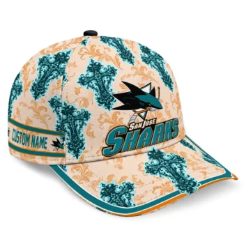 San Jose Sharks Cap - Personalized Damask Pattern Teal White