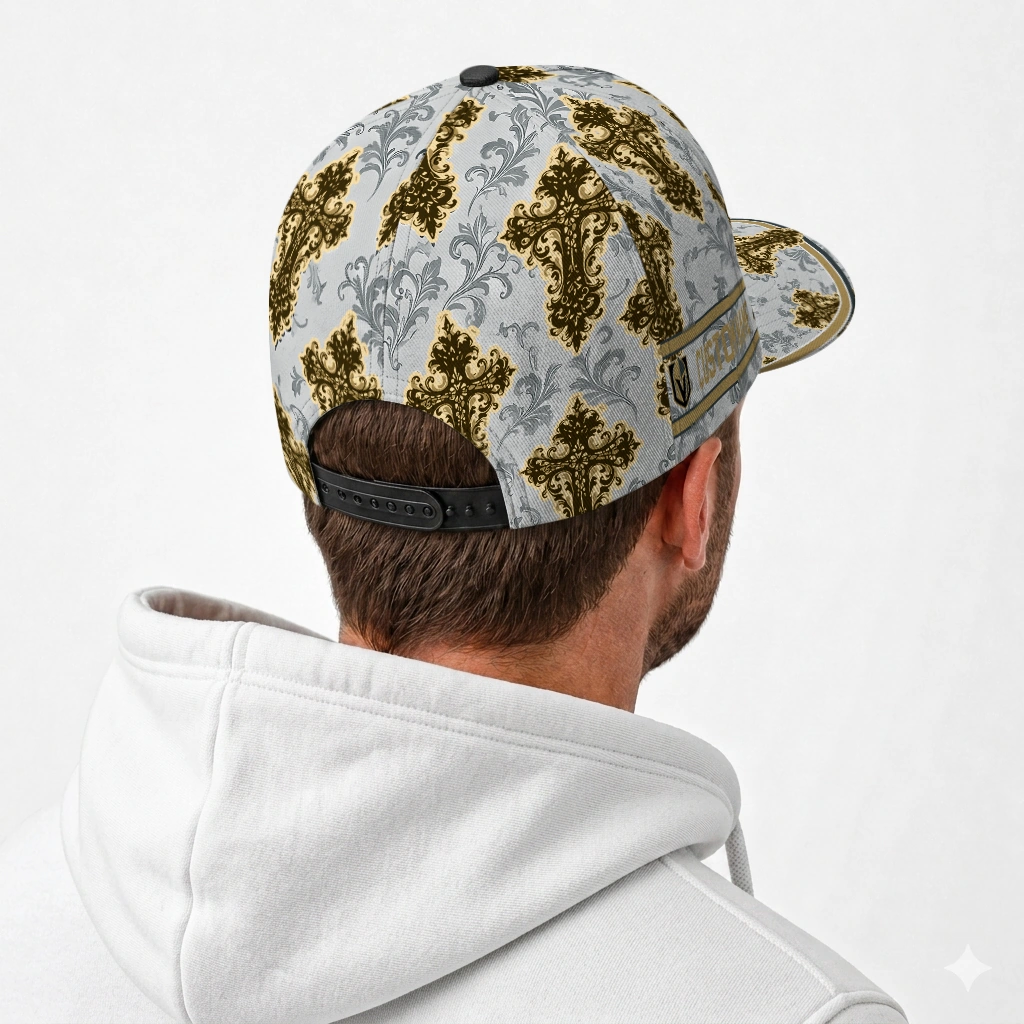 vegas-golden-knights-cap-personalized-damask-pattern-tan-white-latest-model.webp