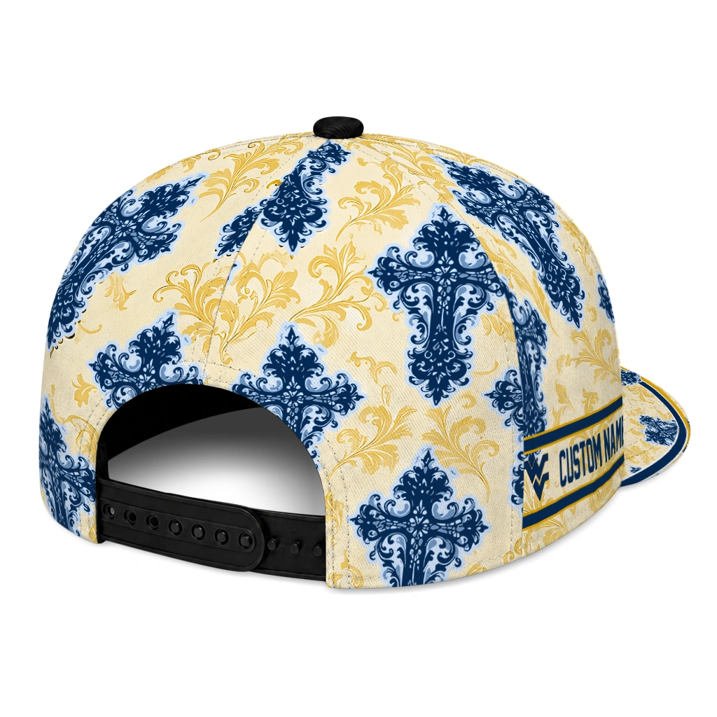 west-virginia-mountaineers-cap-personalized-damask-pattern-blue-white-fashion-forward.webp
