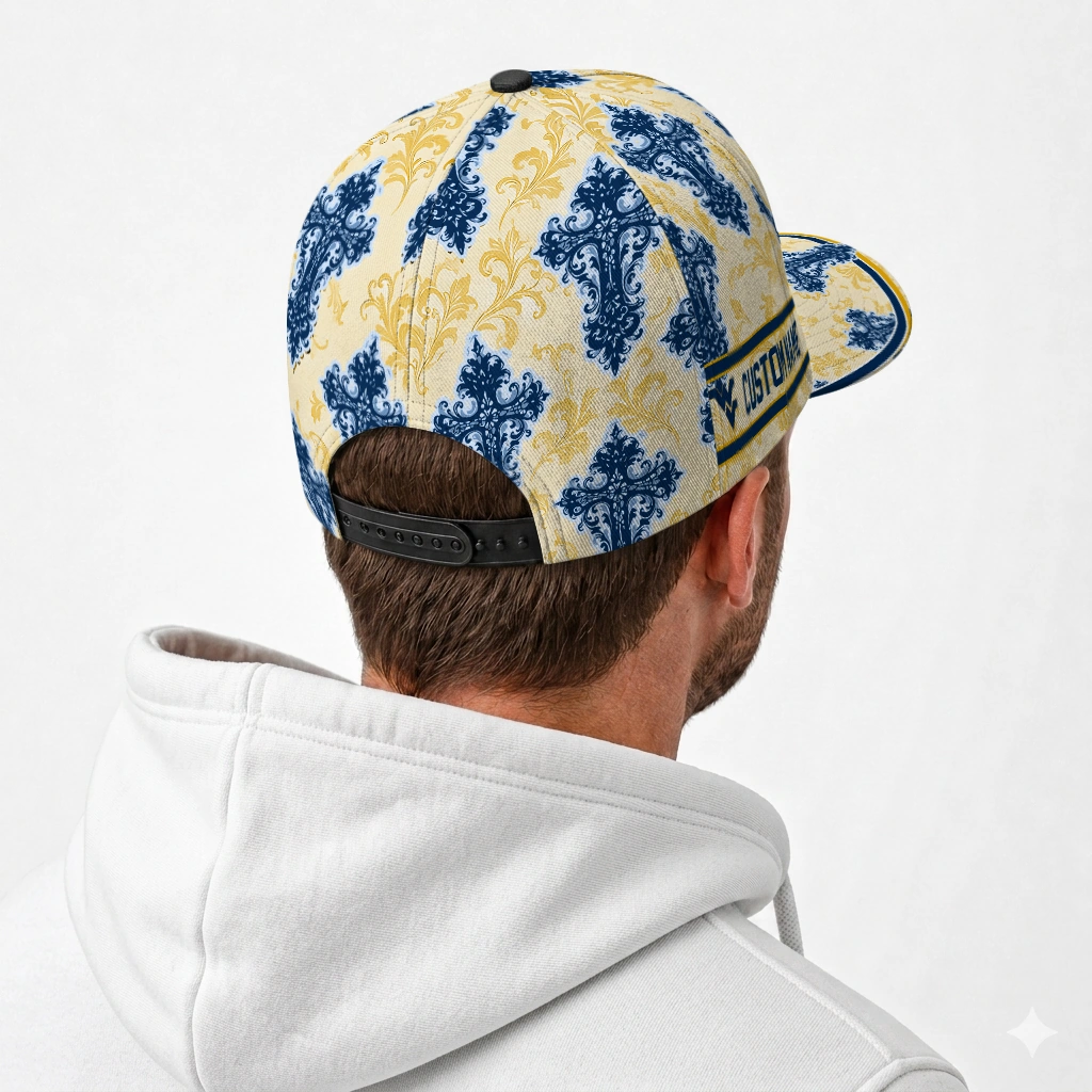 west-virginia-mountaineers-cap-personalized-damask-pattern-blue-white-latest-model.webp